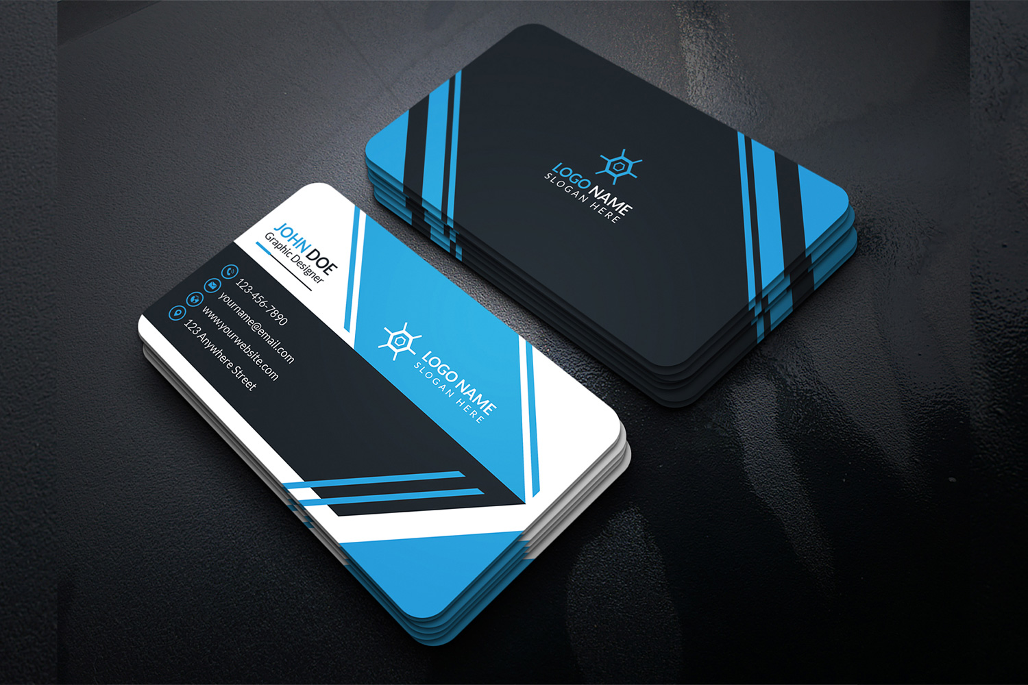 Strong business cards with blue and black colors mix.