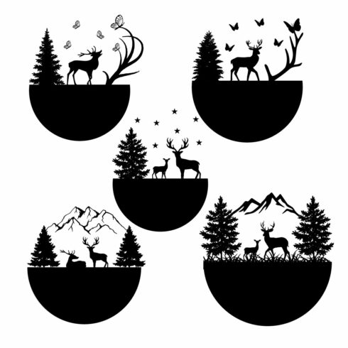 Four black and white silhouettes of trees and animals.