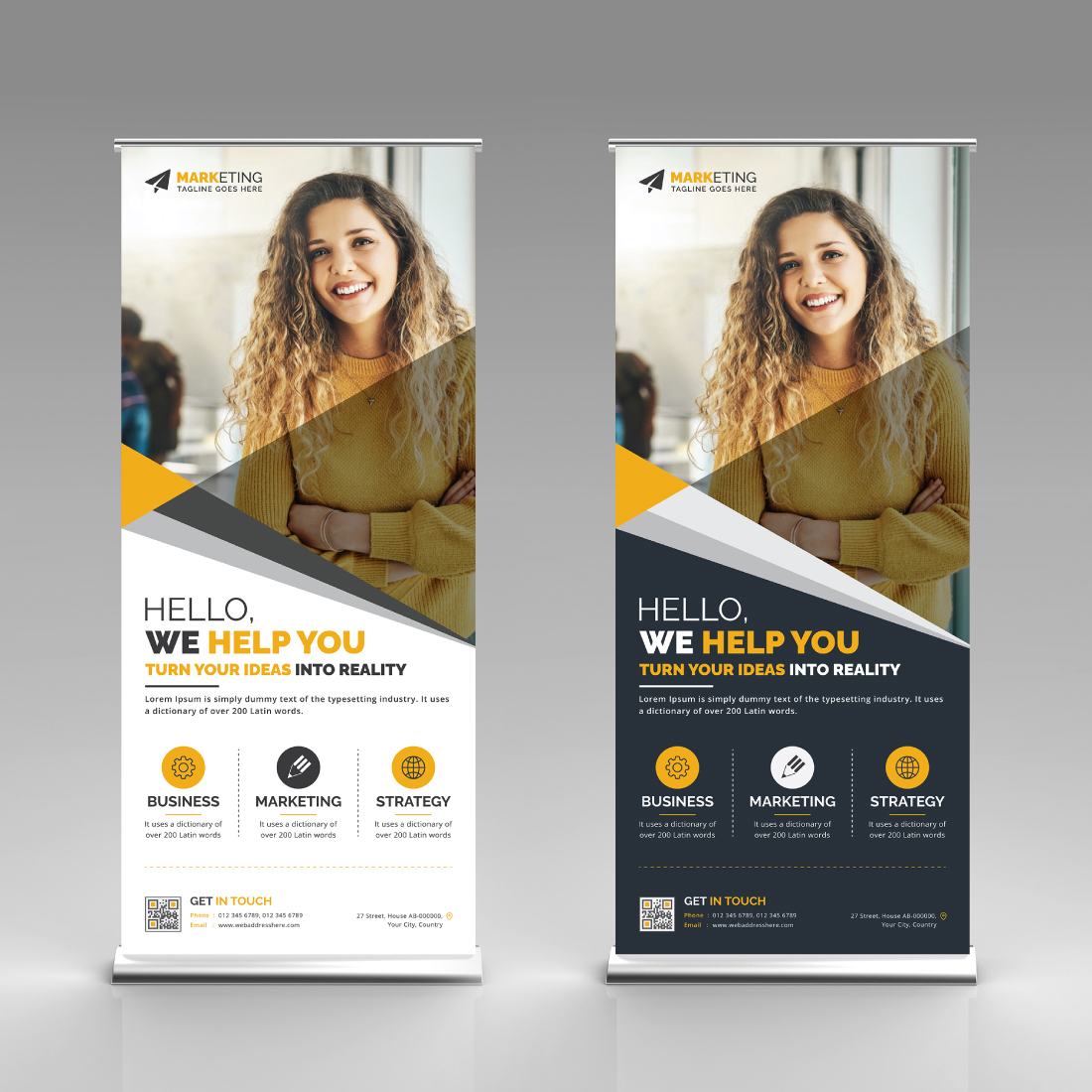 Image of corporate roll up banner in irresistible yellow design