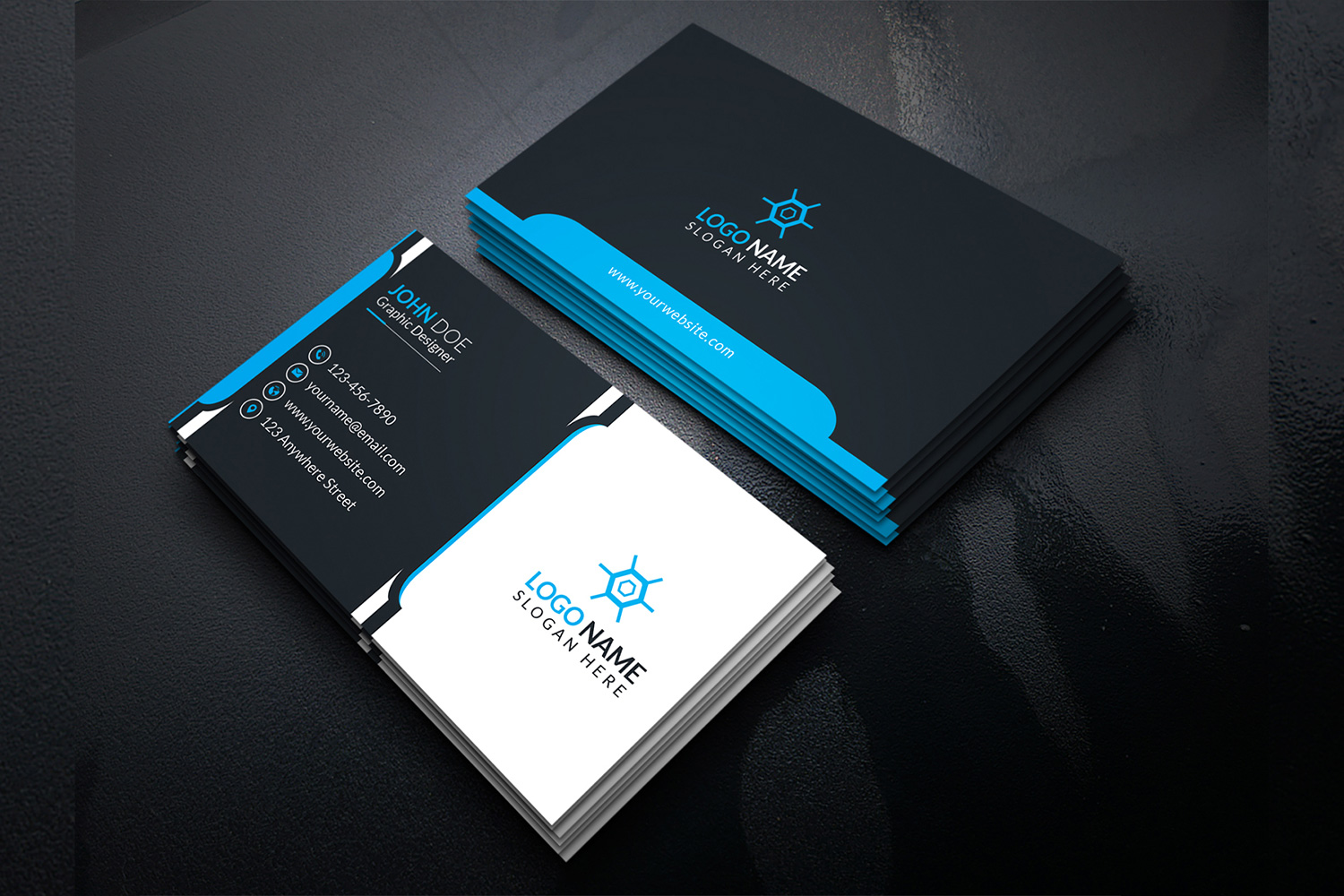 Black and white business cards with blue lines.