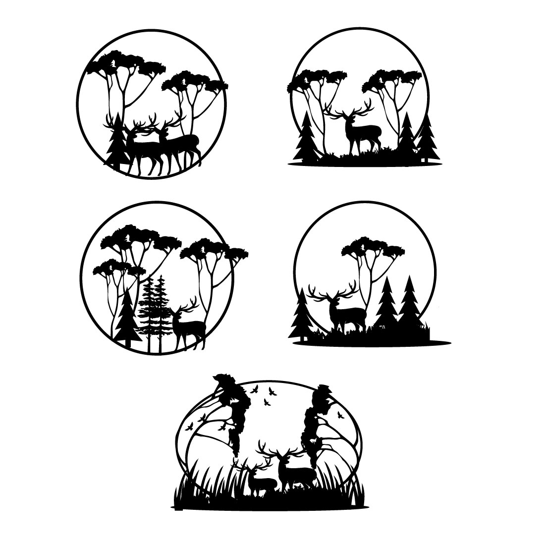 Set of four black and white silhouettes of animals.