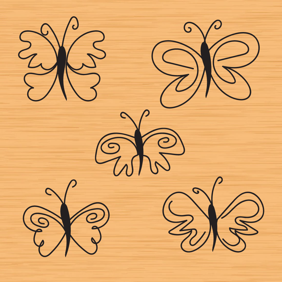 Set of four butterflies on a wooden background.