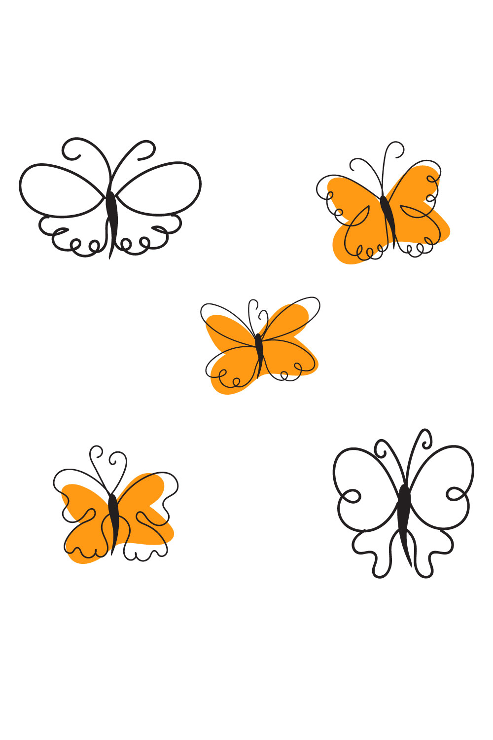 Group of four orange and black butterflies.