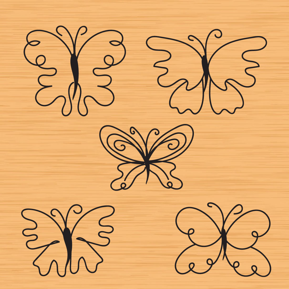 Set of four butterflies on a wooden background.