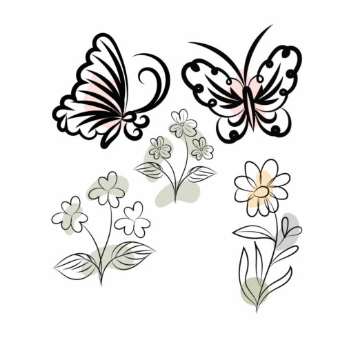 Set of three butterflies flying over a flower.