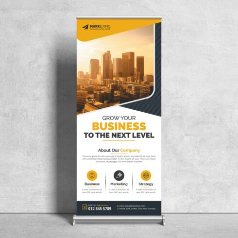Image of corporate roll up banner in irresistible yellow design