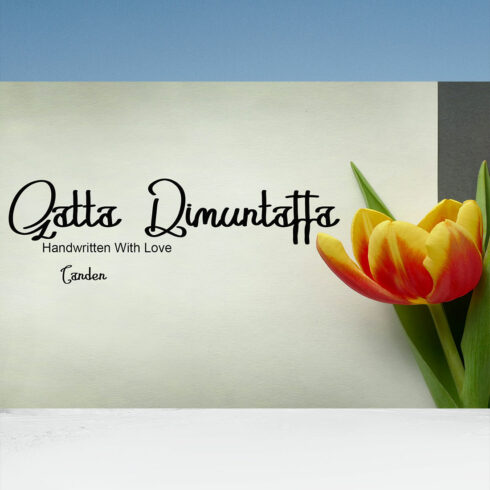 Gatta Dimuntaffa Font Signature preview with flower.