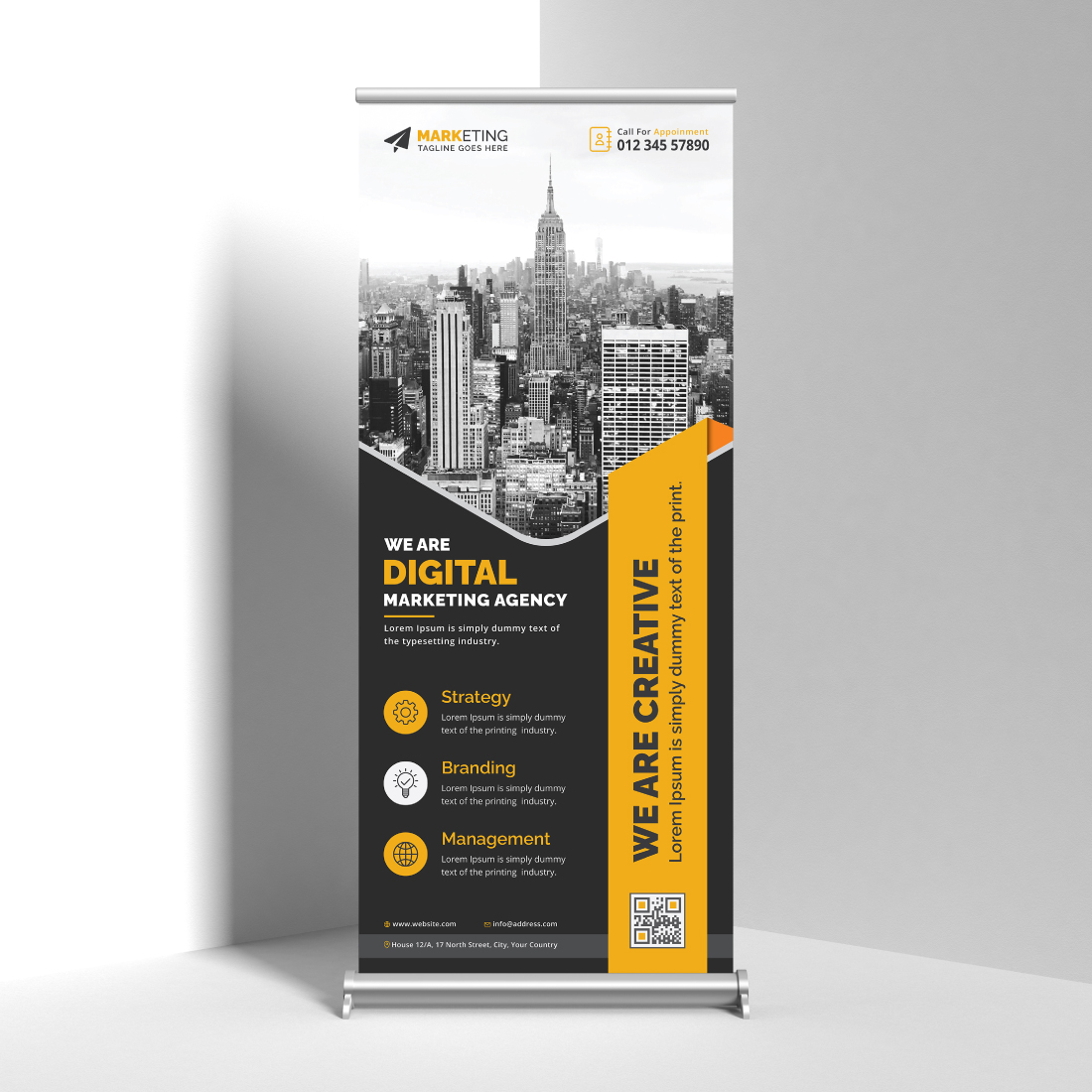 Image of corporate roll up banner in charming yellow design