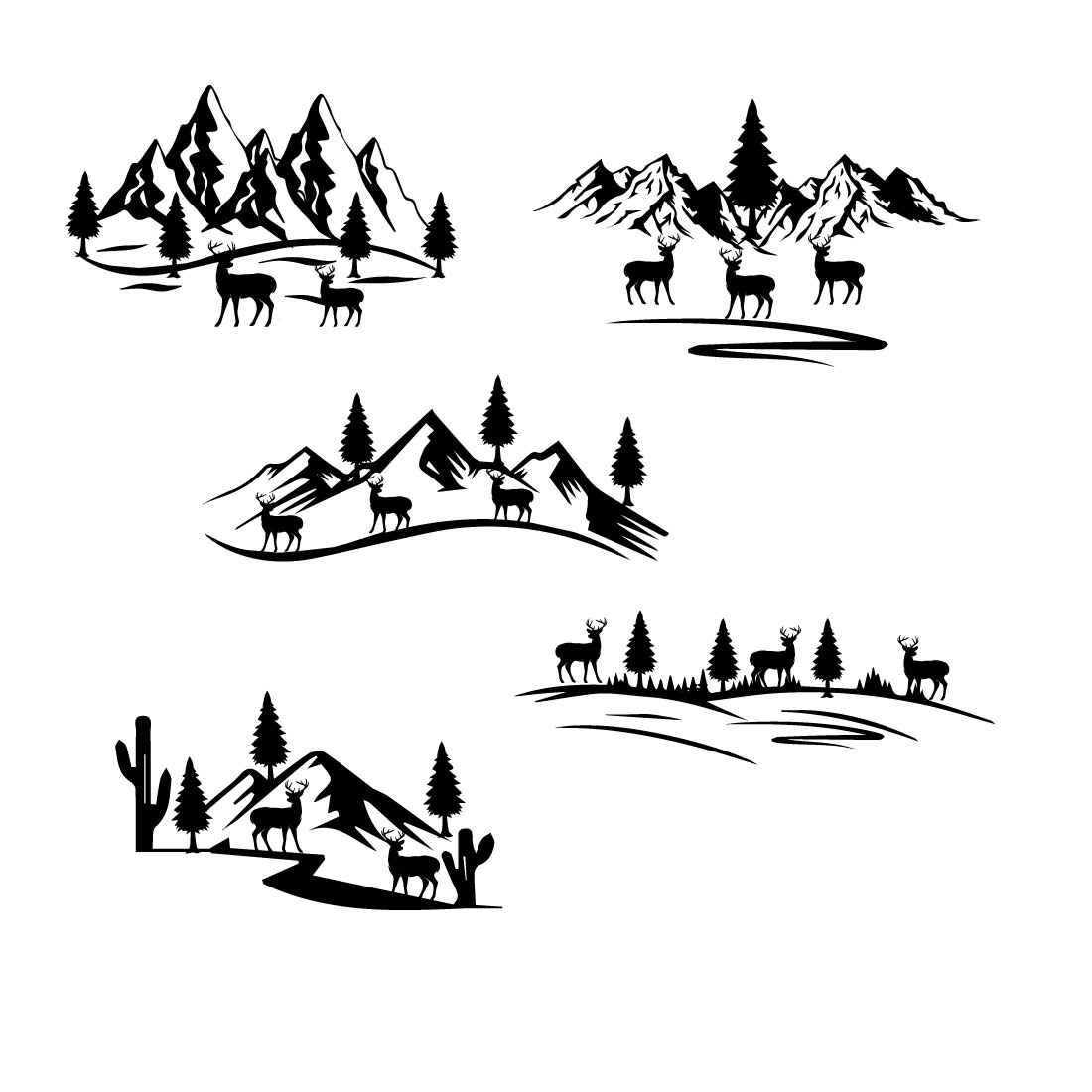 Black and white drawing of a mountain range.