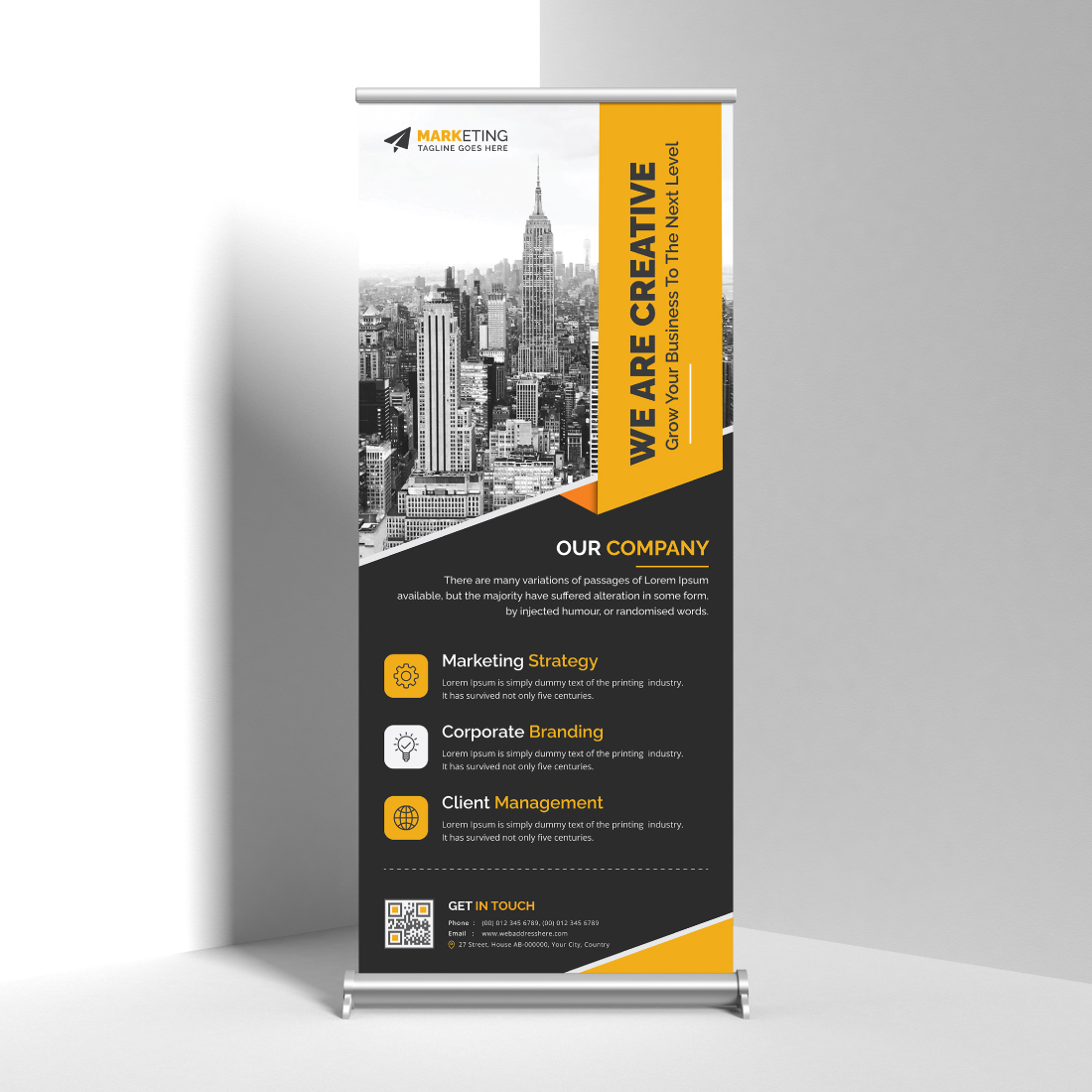 Image of corporate roll up banner in irresistible yellow design