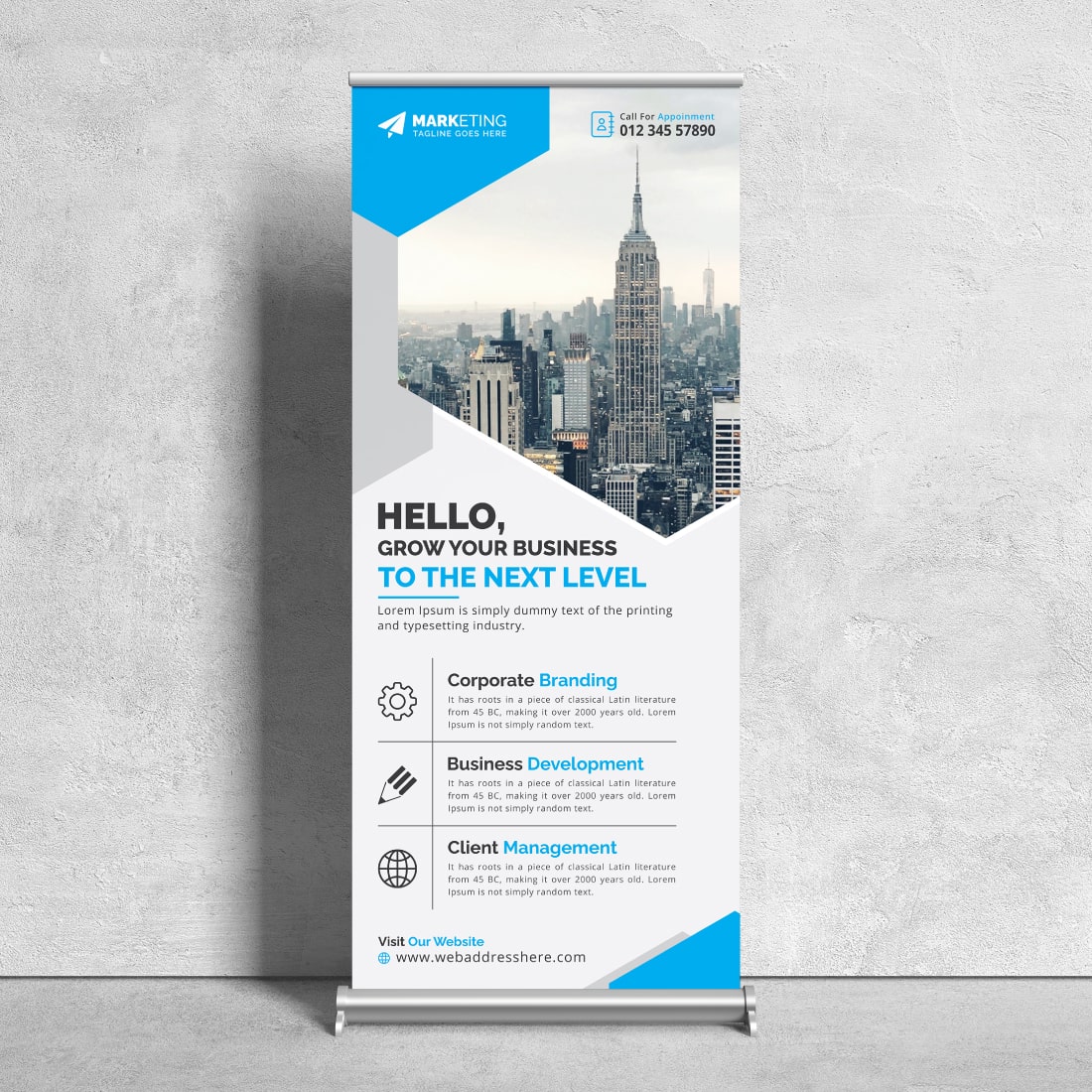 Image of corporate roll up banner in colorful blue design