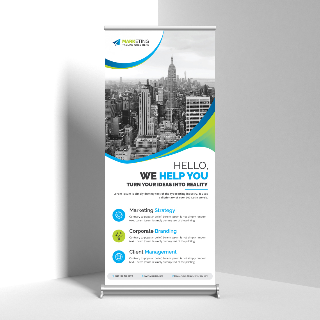 Image of corporate roll up banner in irresistible green design