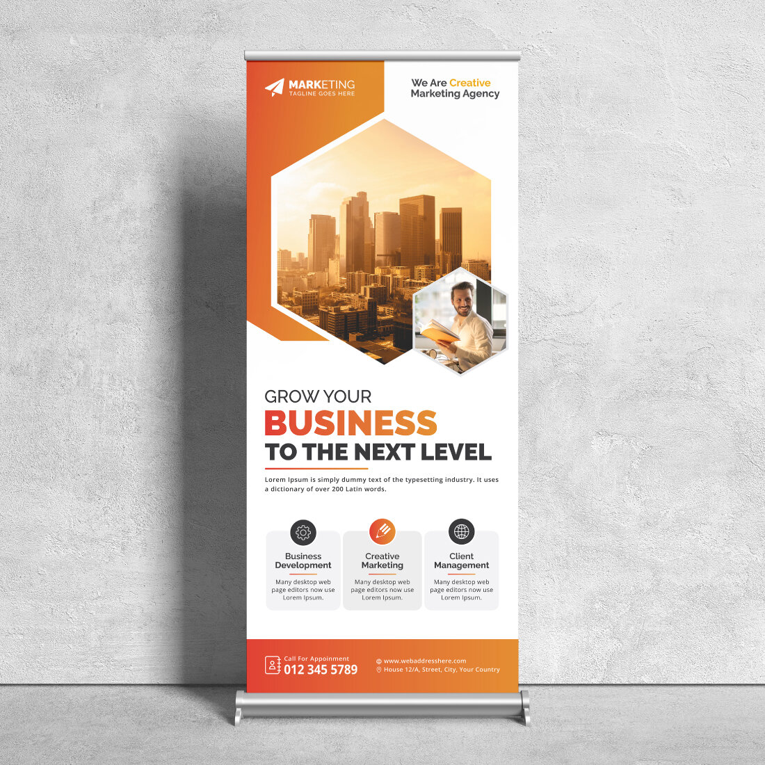 Image of corporate roll up banner in colorful yellow design