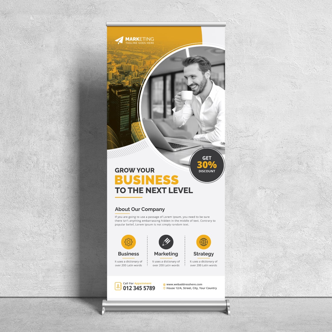 Image of corporate roll up banner in exquisite yellow design