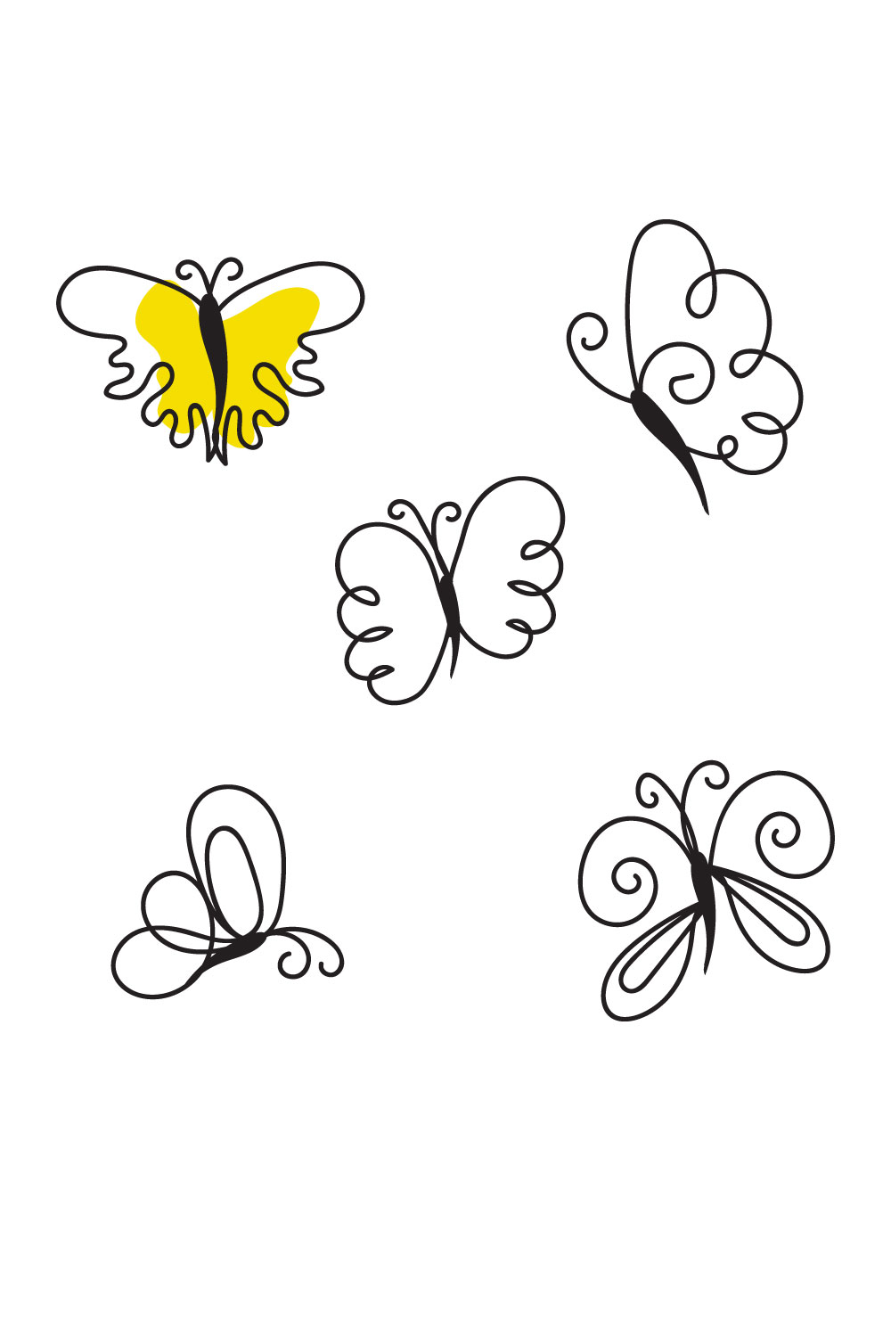 Drawing of four different butterflies on a white background.