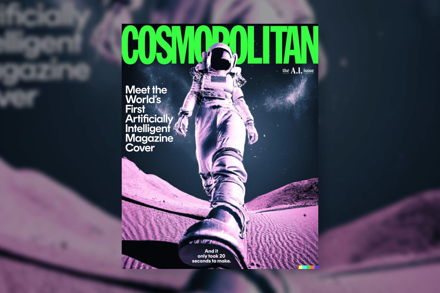 Cover of Cosmopolitan magazine with astronaut in pink colors.