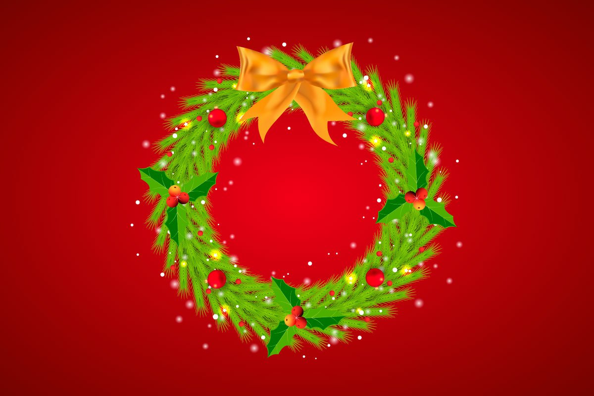 Illustration of christmas green wreath with golden ribbon on a red background.