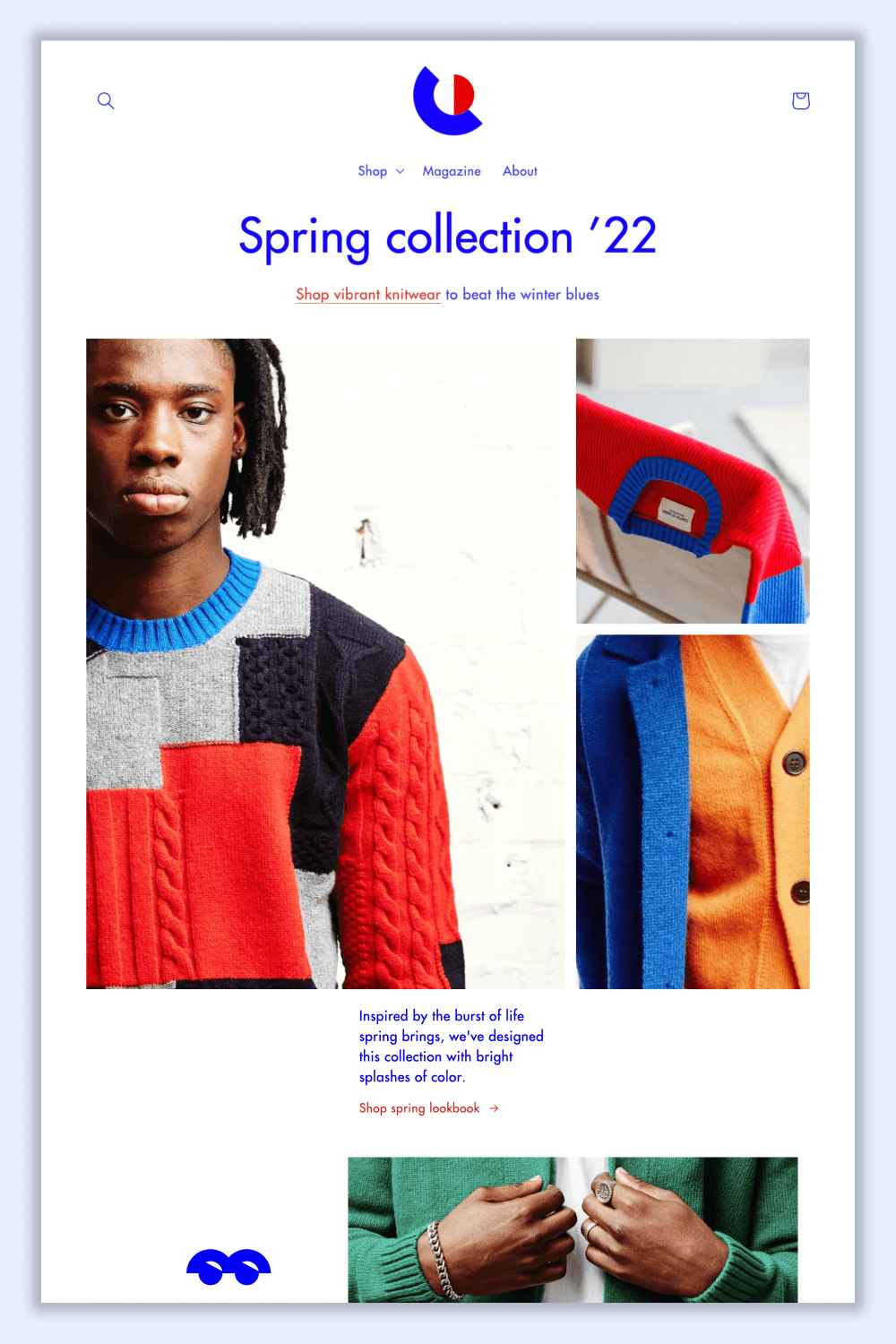 Screenshot of shop home page with photos of the guy in colorful sweter.