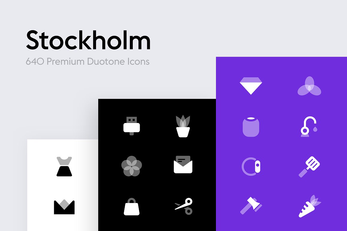 Black lettering "Stockholm" and different white and black icons on a purple, black and white background.