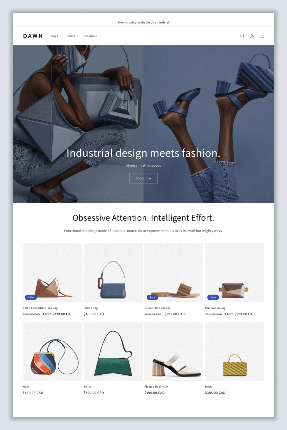 Screenshot of the main page of the store with photos of handbags, shoes and a slider with a girl.