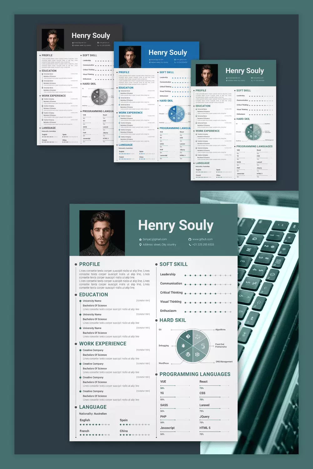 Collage of presentation pages with white background and green font with photo.