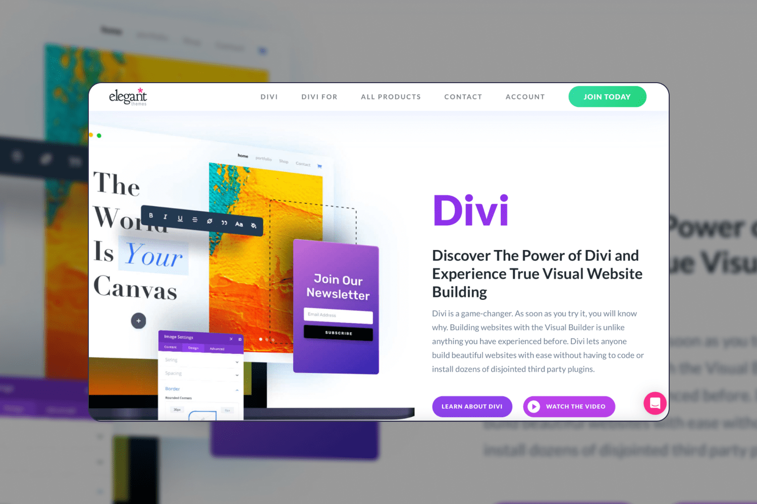 Screenshot of the main page of the Divi website with text and images.