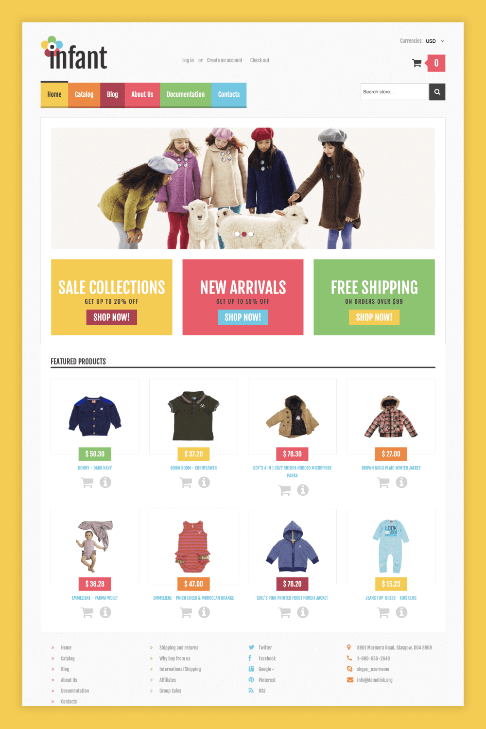 Screenshot of the main page of a children's clothing store with a photo of jackets.