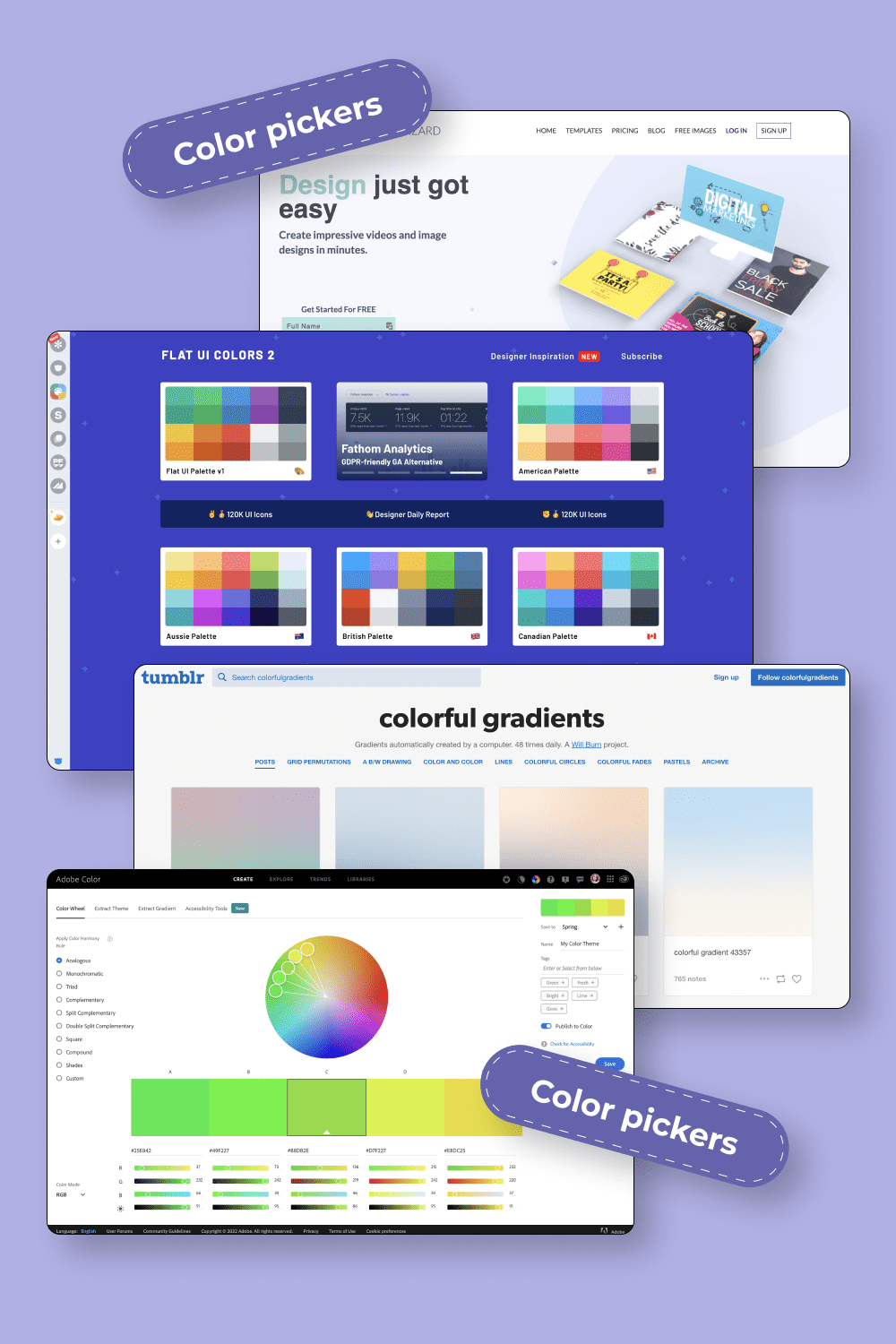 Collage with screenshots of the websites with color palettes.