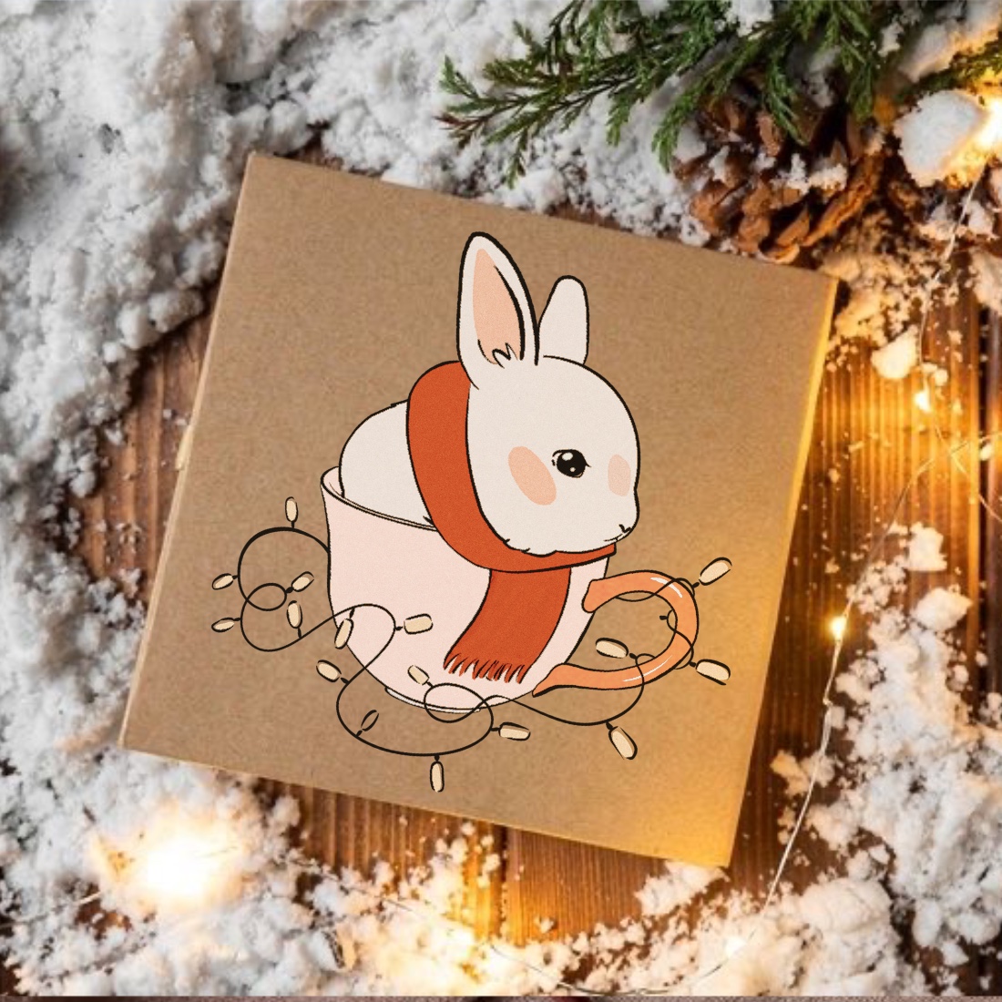 Cute small rabbit on a beige paper package.