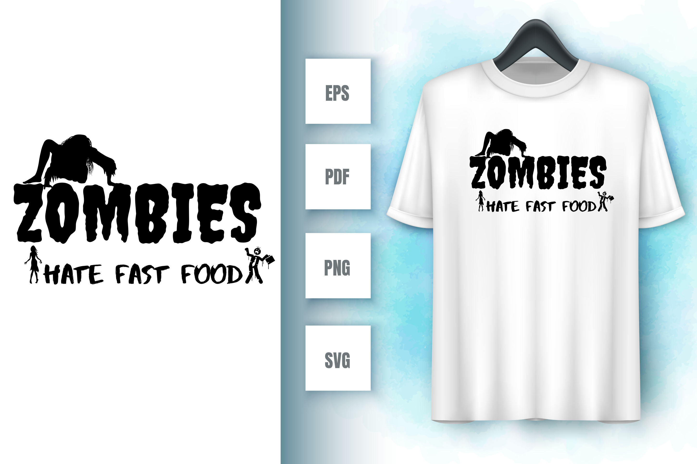 Image of a white t-shirt with an amazing inscription zombies hate fast food