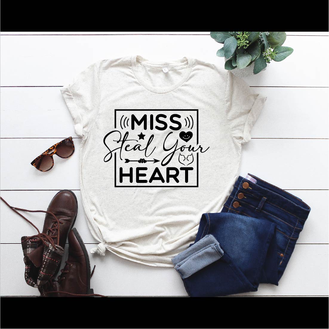 White t-shirt with love lettering.