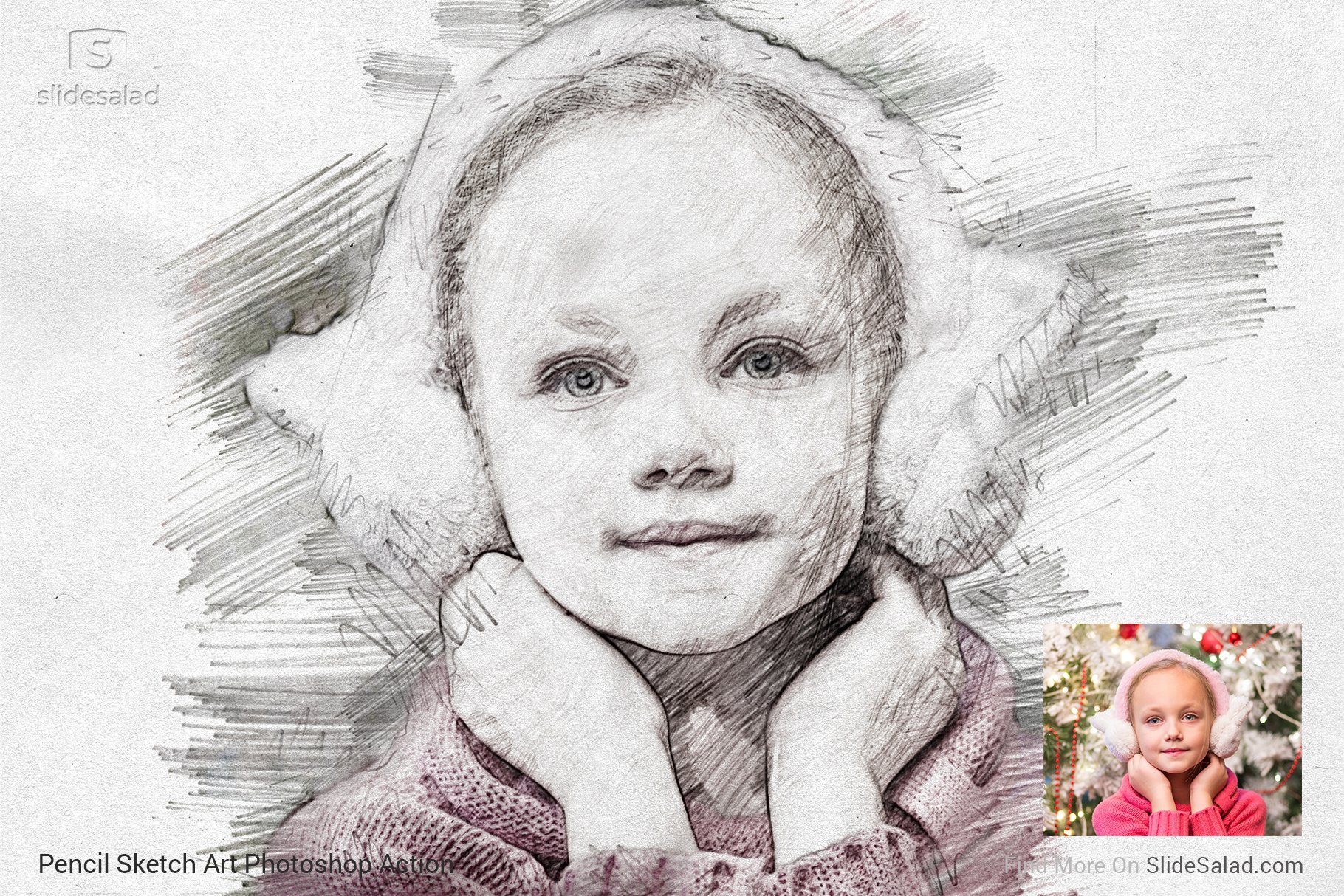 Pencil Sketch Art Photoshop Action - girl portrait example with photo.