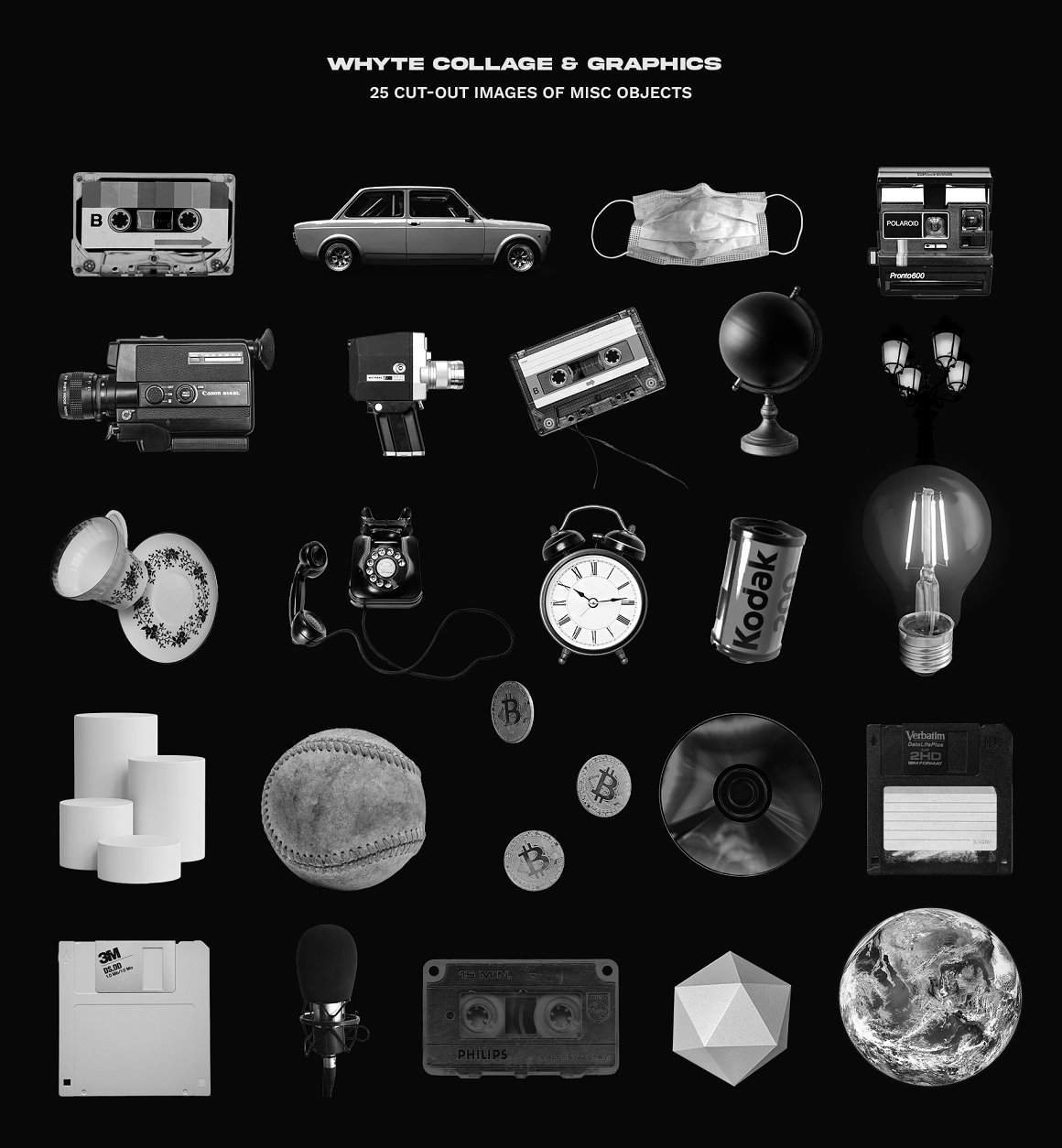 25 different cut-out images of misc objects on a black background.