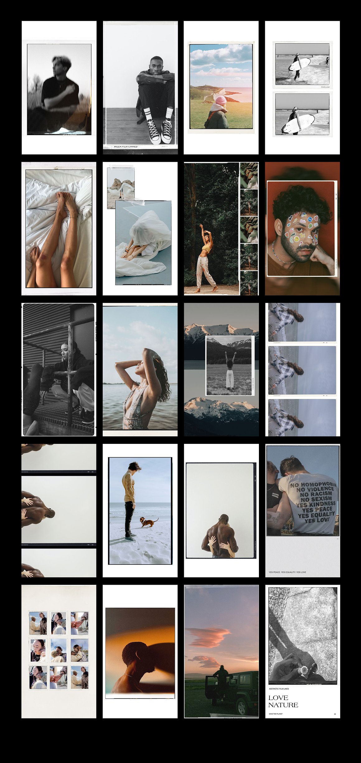 Collection of 20 vertical film aesthetic photos on a black background.