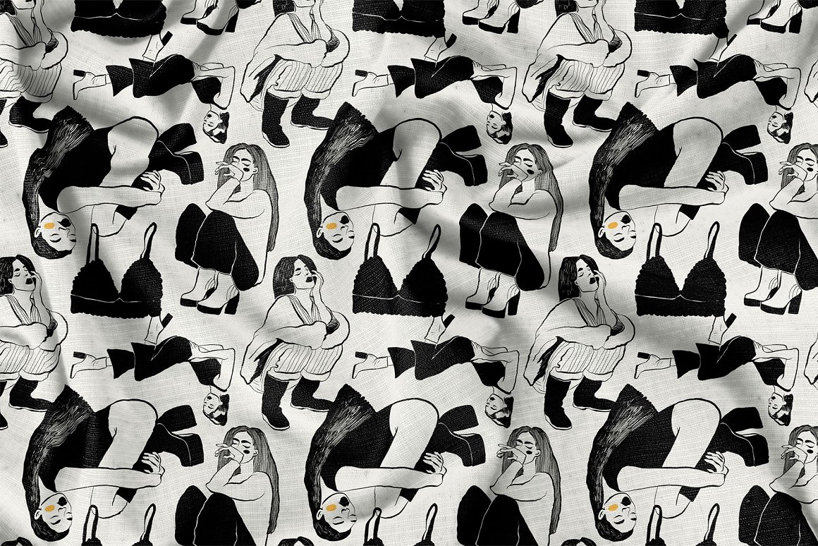Pattern with girl in black and gray colors.