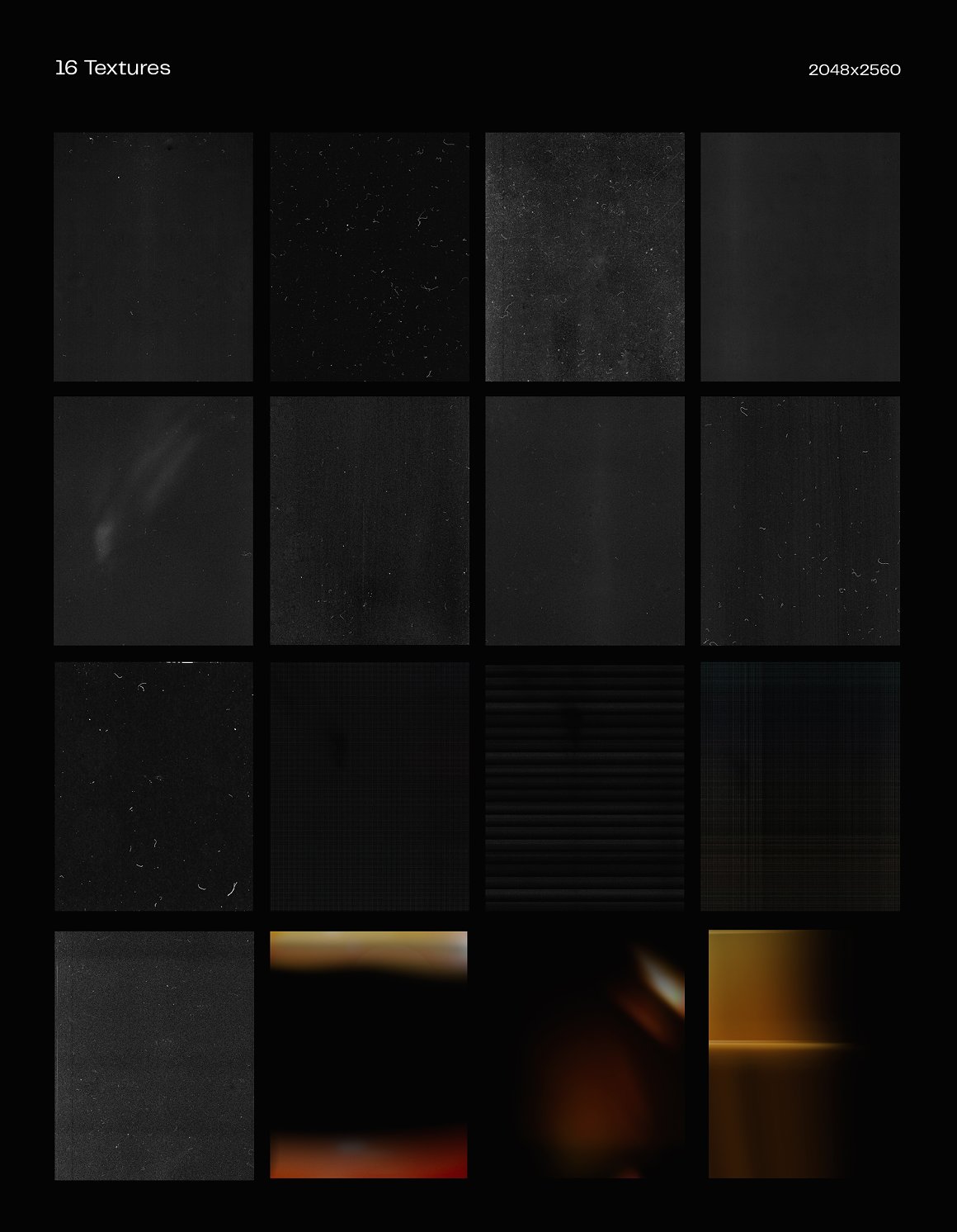 16 different film textures on a black background.