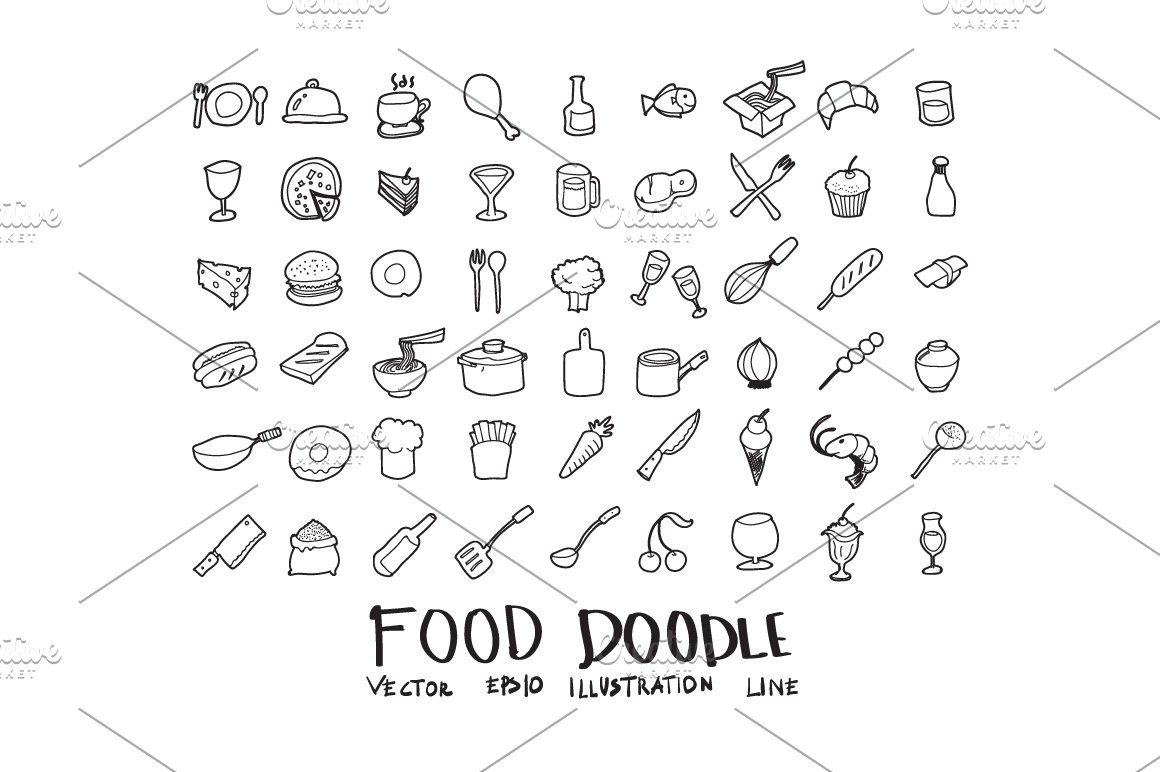 Food black doodle icons set on a white background.