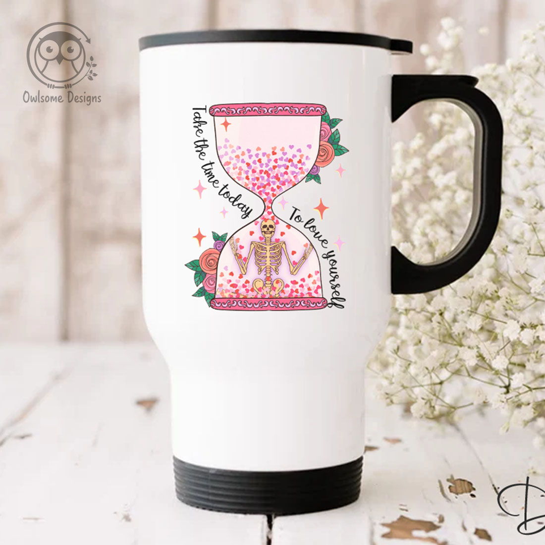 Cup with a cute skeleton graphic.