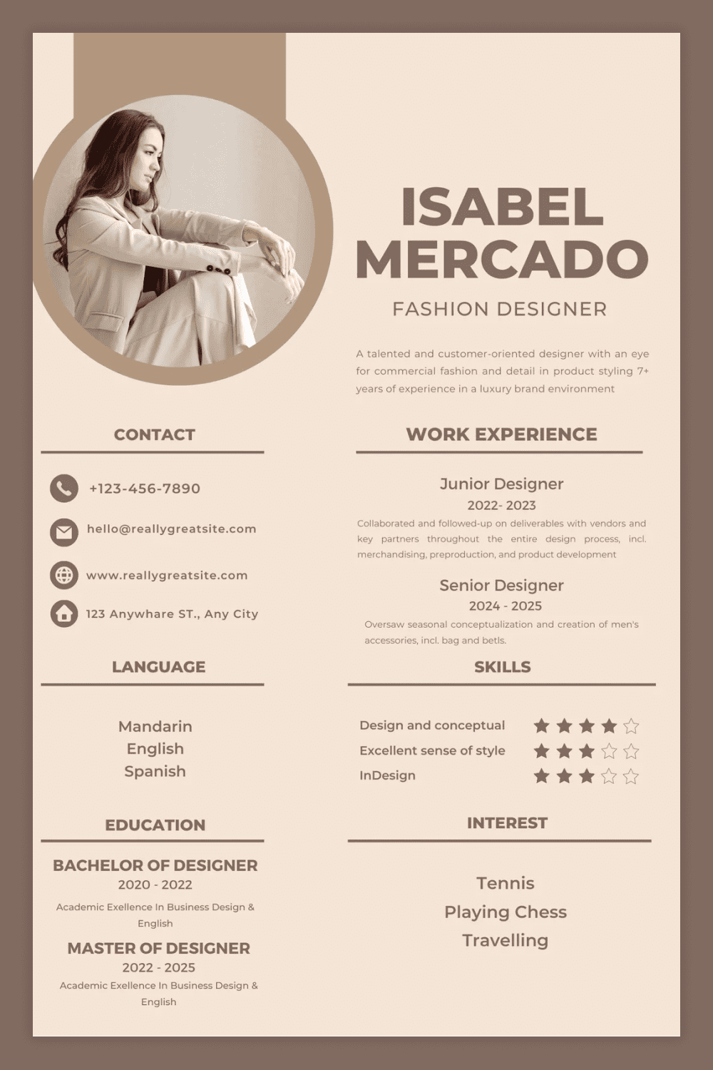 Resume page with a round photo, two columns in beige.