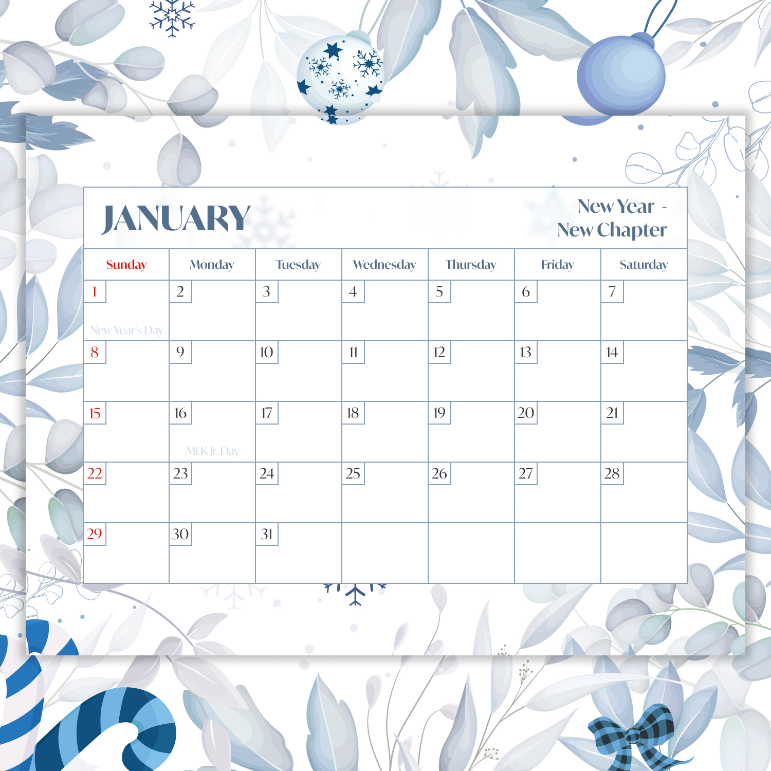 Free Printable January Calendar cover.
