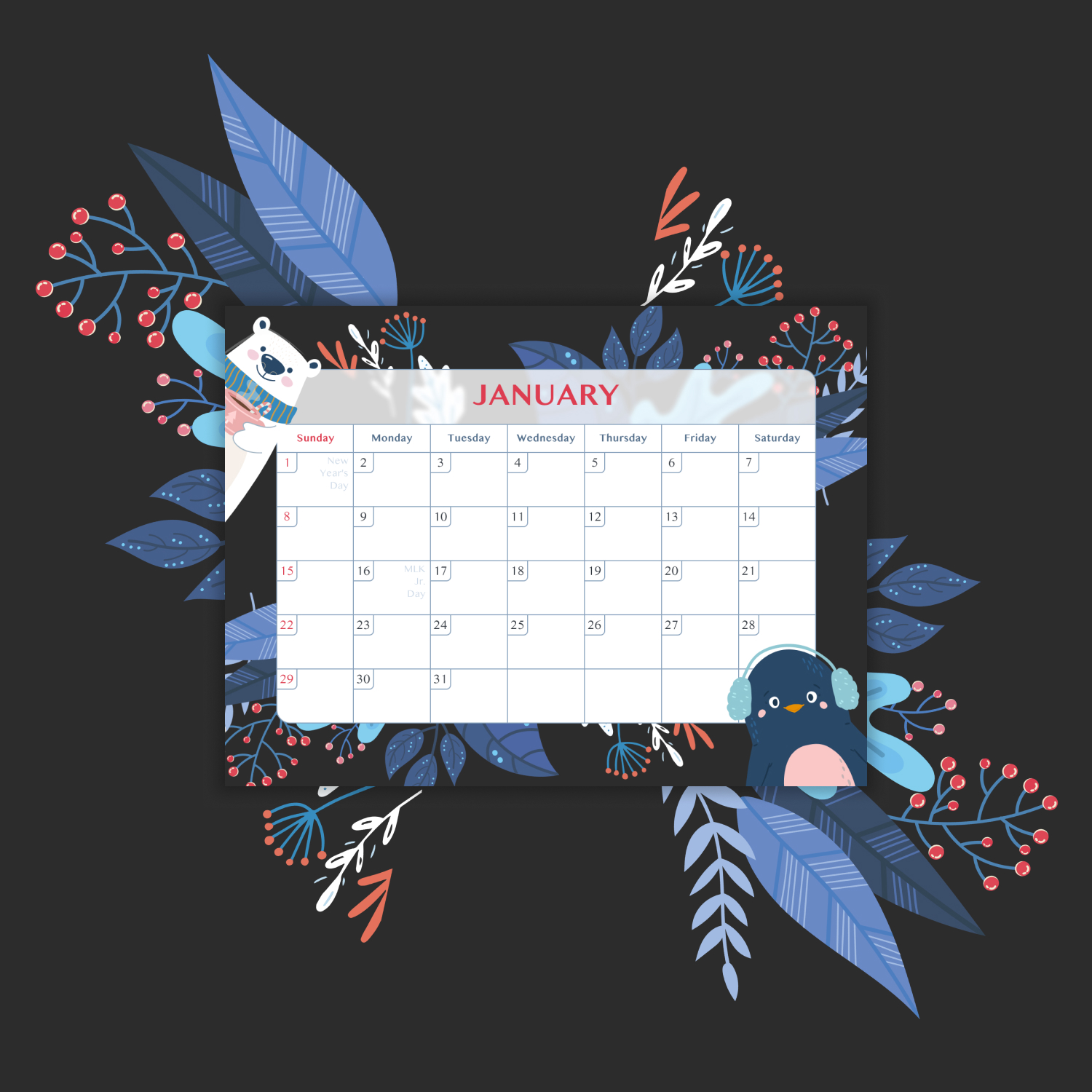 Free January Calendar with Holidays cover.