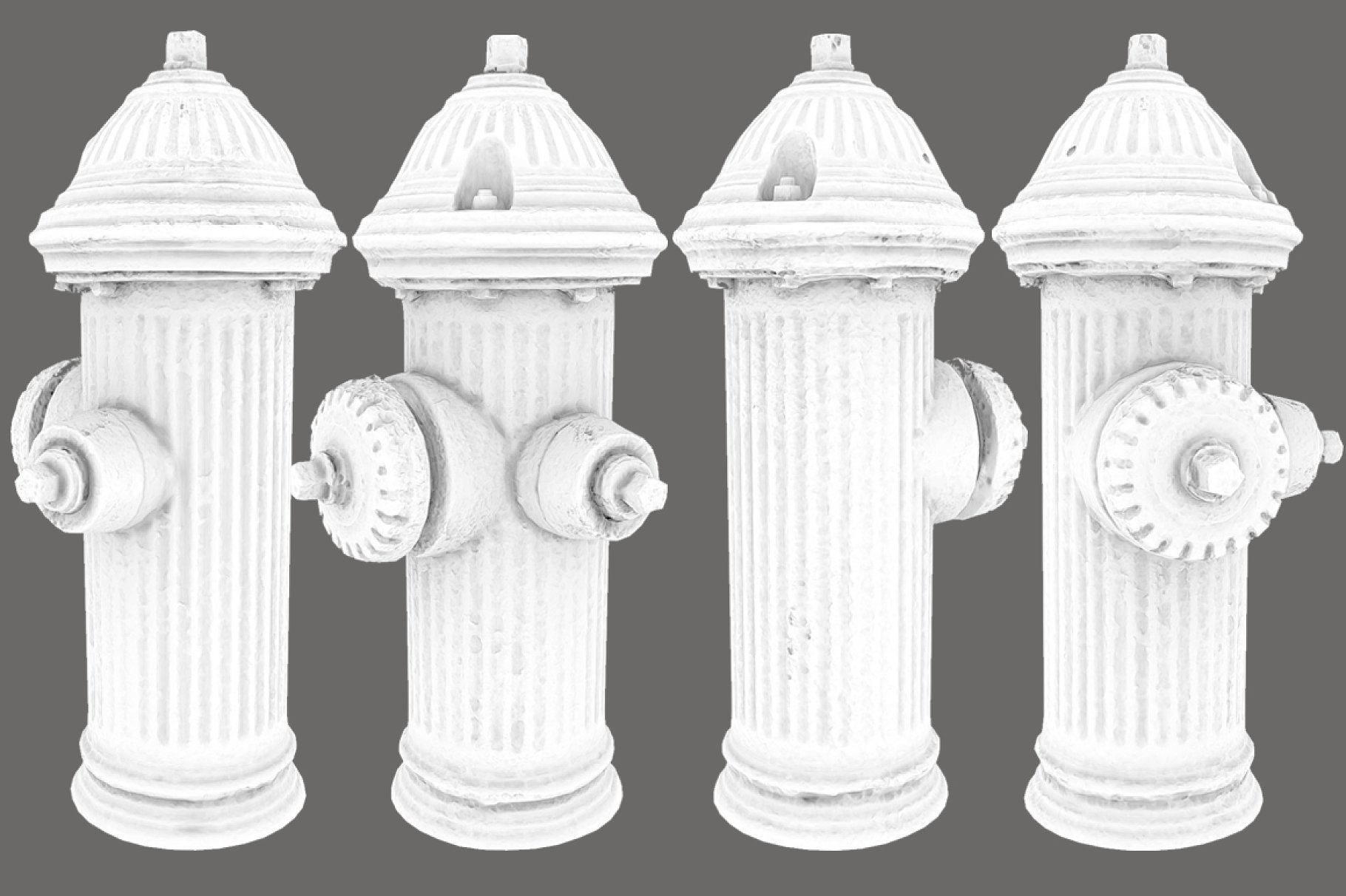4 white fire hydrant models on a gray background.