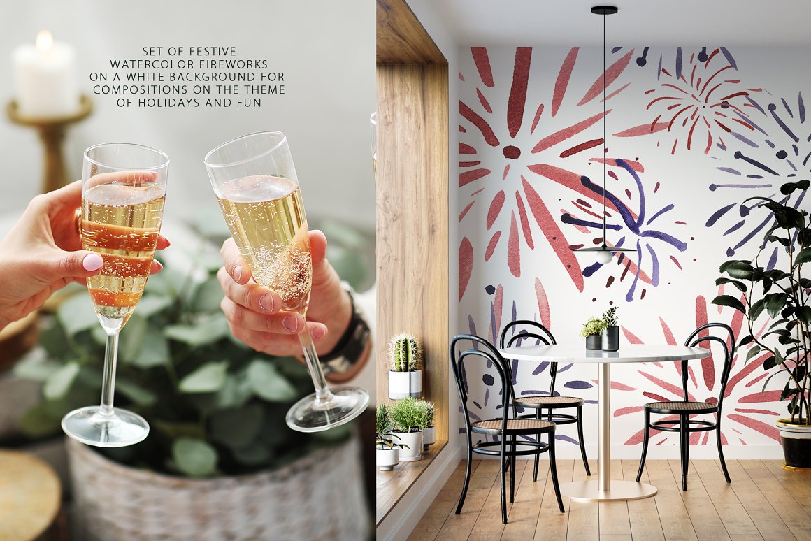Photo of 2 glasses of sparkling and wall with pattern of firecracker.