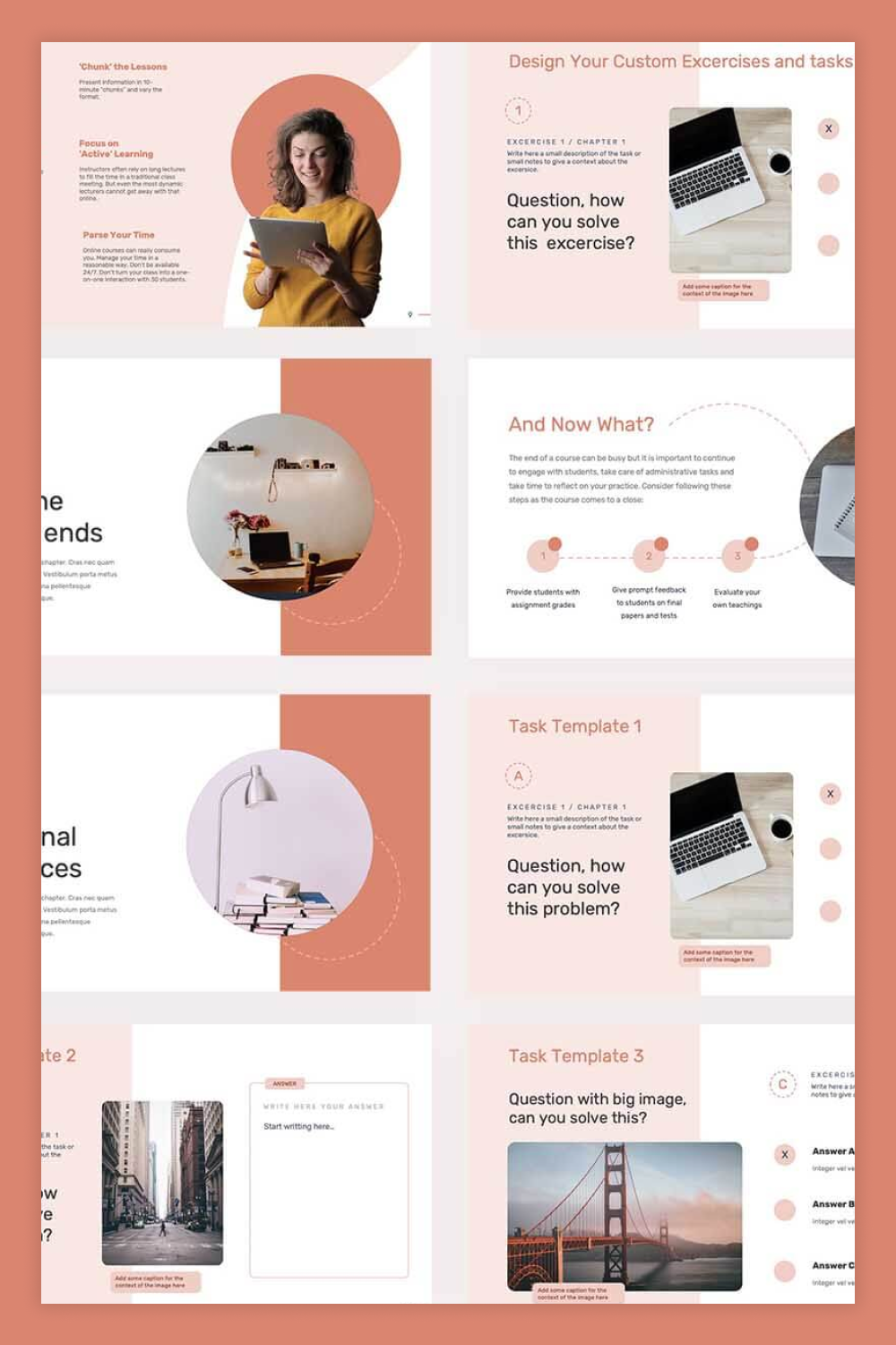 Mix of presentation pages in pink colors and round photos.