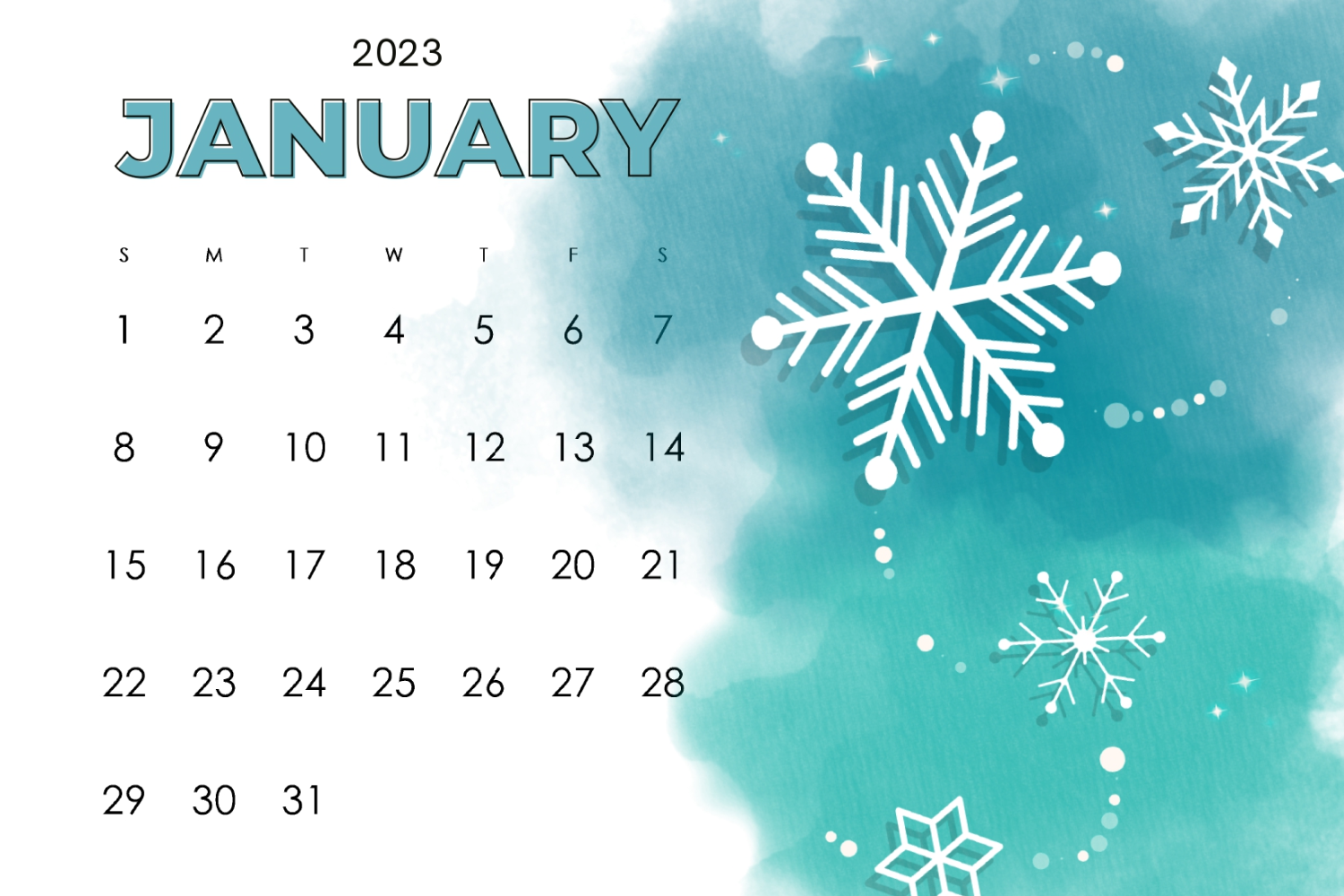 January calendar with snowflakes, cheerful colors, and plenty of space.