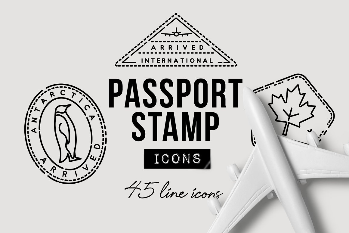 Black lettering "Passport Stamp Icons 45 line icons" and 3 black icons with mockup of white plane on a gray background.