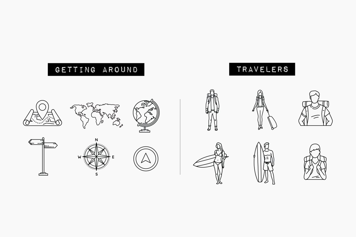 6 black getting around icons and 6 black travelers icons on a gray background.
