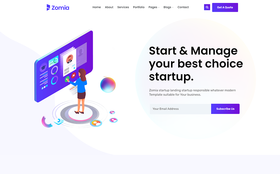 Homepage of zomia startup agency wordpress theme.