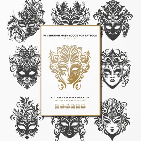 Venetian Mask Logos for Tattoos Pack main image preview.