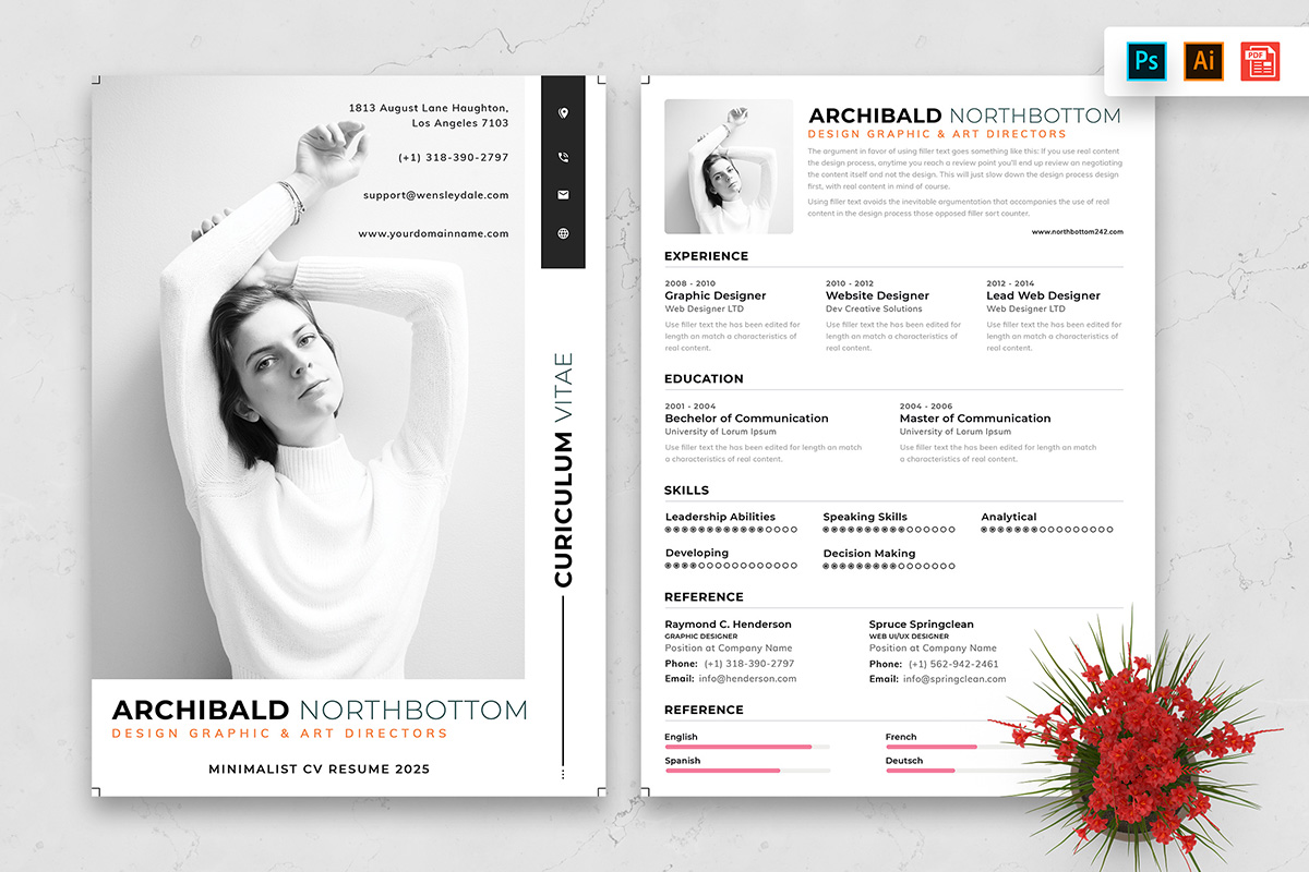 White and black resume with a red flower.